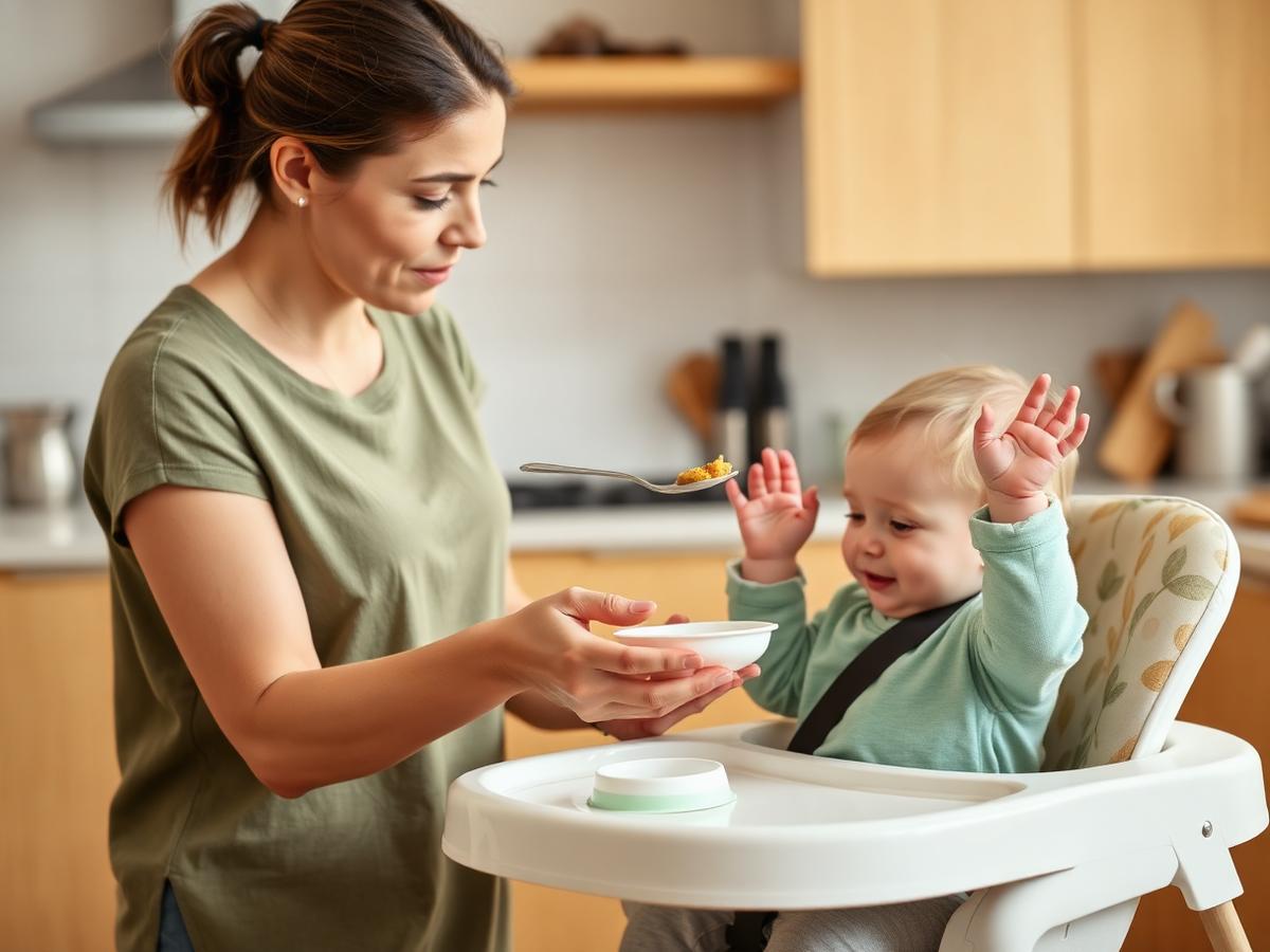 Mãe oferecendo comida e bebê recusando